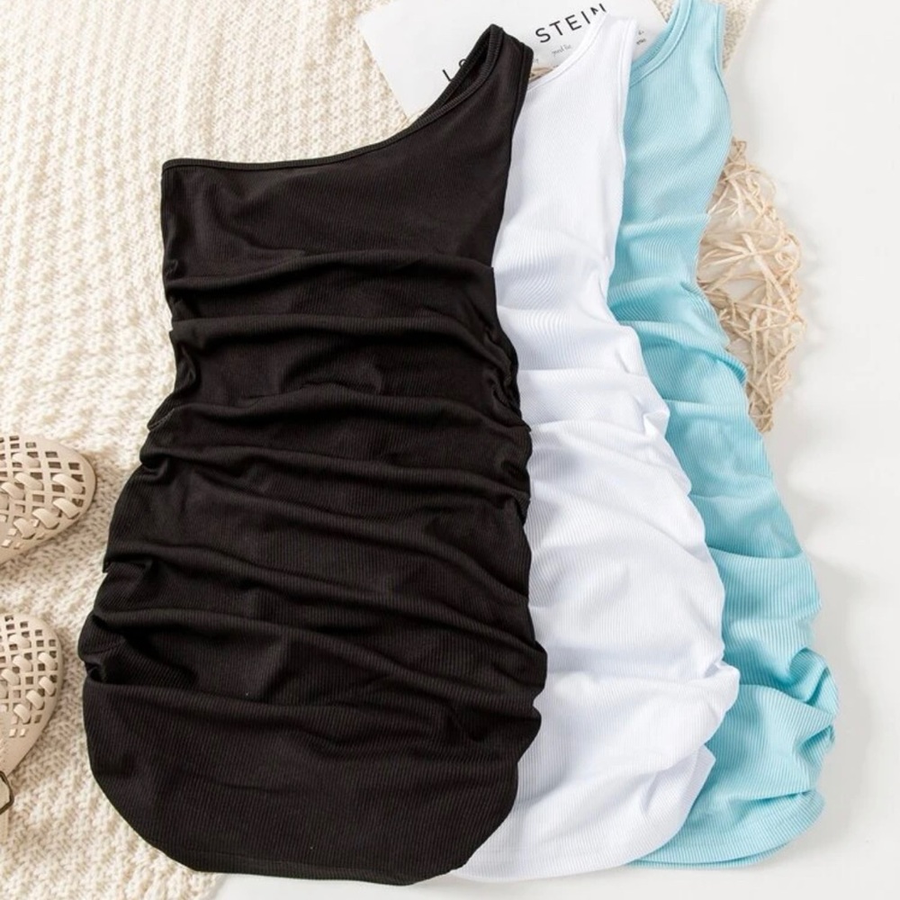 3 piece set one shoulder ruched side ribs knit dress